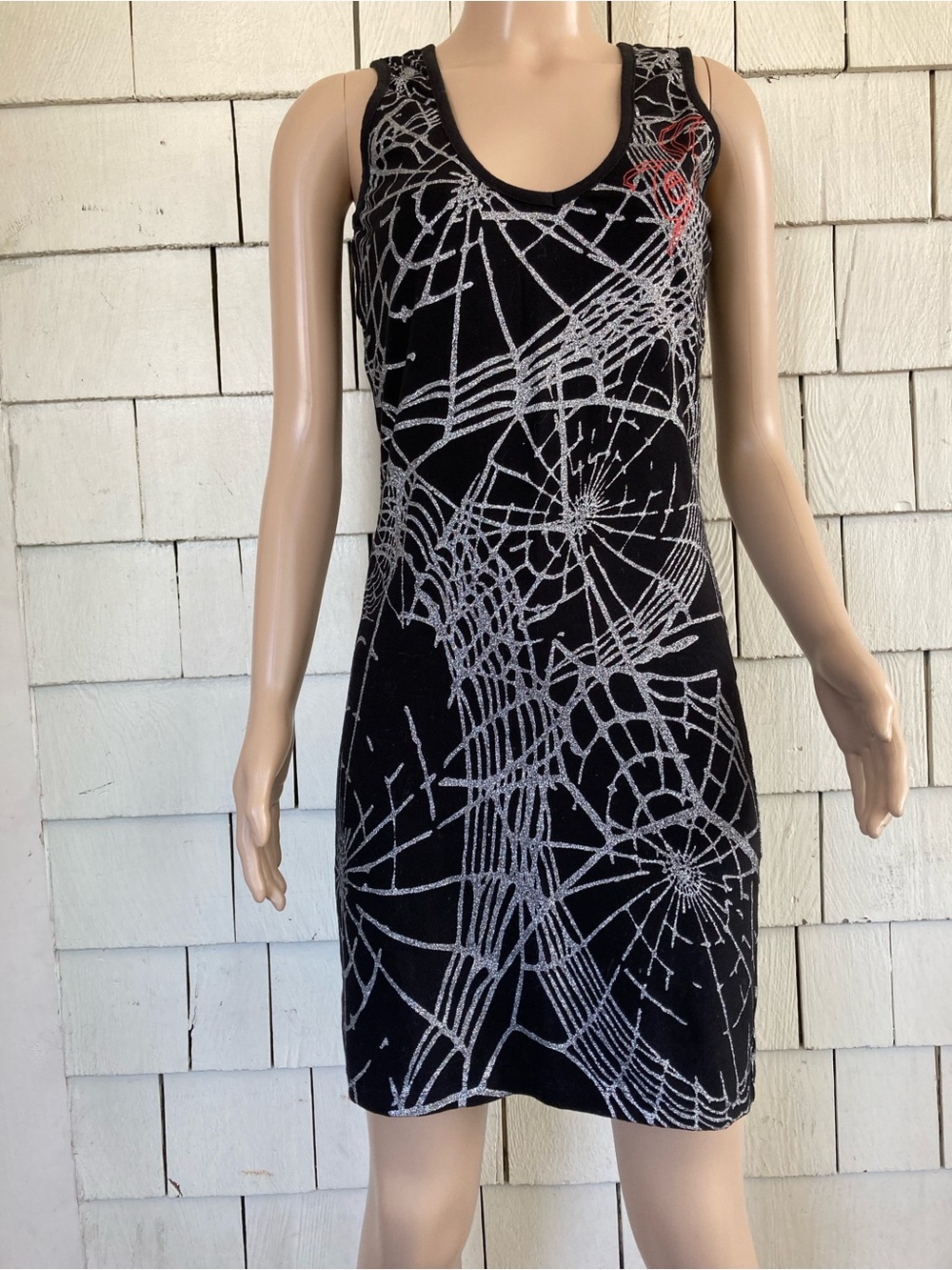 Vintage 1990s-Y2K Pepe Jeans Black and Silver Spiderweb Mini Dress Size Medium